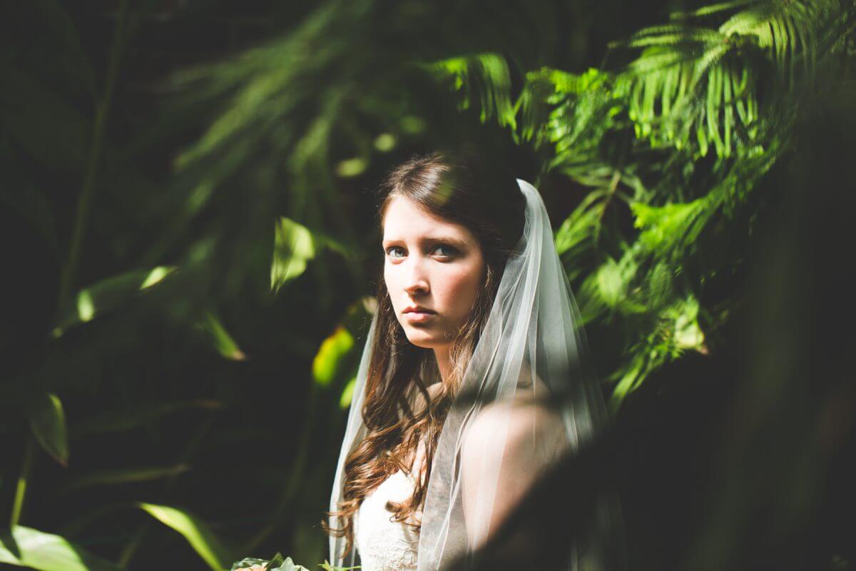 Dramatically lit bride surrounded by foliage